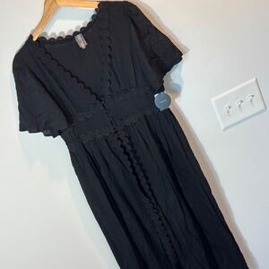 Lulus‎ Women's Black Boho Midi Dress Lace Trim Button Front Cover Up Size M NWT